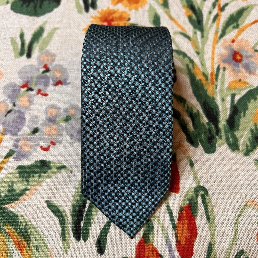 VTG 80s Handmade 100 Silk Necktie Teal Green Black Skinny Tie Prom Wedding Retro
